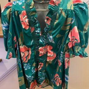 Green Ruffled Blouse with Flutter Sleeves